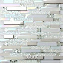 11-PCS Iridescent White Glass Mosaic Tile Silver Stainless Steel Backsplash NB01