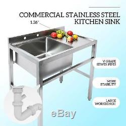 1 Compartment Stainless Steel Commercial Utility Drain Board Kitchen Prep Sink