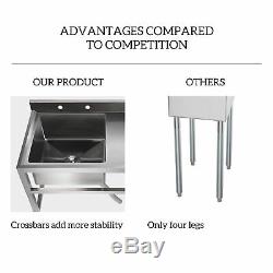 1 Compartment Stainless Steel Commercial Utility Drain Board Kitchen Prep Sink