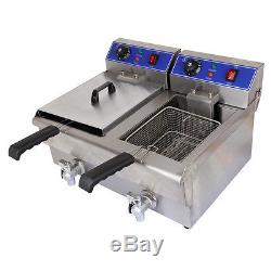 20L Commercial Deep Fryer Electric Double Basket with Oil Tap Stainless Steel