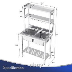 2-Compartment Commercial Sink Stainless Steel Freestanding With Adjustable Shelves