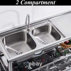 2 Compartment Commercial Utility + Prep Sink Stainless Steel Drainboard Strainer