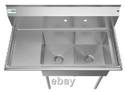 2 Compartment NSF Stainless Steel Commercial Kitchen Prep Sink Left Drainboard