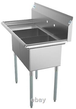 2 Compartment NSF Stainless Steel Commercial Kitchen Prep Sink Left Drainboard