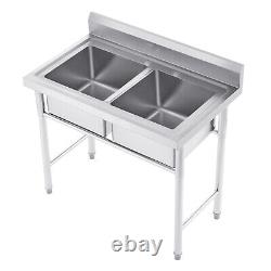 2 Compartment Sink Stainless Steel Commercial Kitchen Prep Sink Dual Drainboard