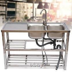 2 Compartments Stainless Steel Commercial Kitchen Prep Utility Sink with 2 Drainer