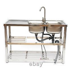 304 Stainless Steel Catering Sink 2 Bowl With Faucet Heavy Duty Kitchen Commercial