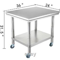 36 x 24 Stainless Steel Commercial Kitchen Prep & Work Table with 4 Casters