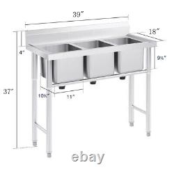 3 Compartment 39 Stainless Steel Kitchen Commercial Sink Heavy Duty