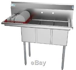 3 Compartment NSF Stainless Steel Commercial Kitchen Sink with Drainboard 45
