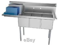 3 Compartment NSF Stainless Steel Commercial Kitchen Sink with Drainboard 55
