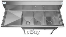 3 Compartment NSF Stainless Steel Commercial Kitchen Sink with Drainboard 55