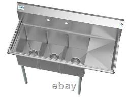 3 Compartment NSF Stainless Steel Commercial Kitchen Sink with Right Drainboard