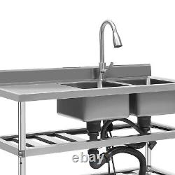 3 Tiers Commercial Utility Prep Sink Stainless Steel 2 Compartment Basins&Faucet