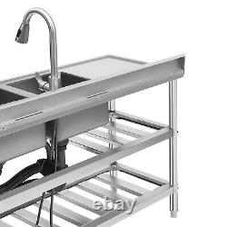 3 Tiers Commercial Utility Prep Sink Stainless Steel 2 Compartment Basins&Faucet