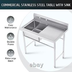 40x24x37 in Stainless Steel Utility Sink Commercial Kitchen Sink with Drainboard