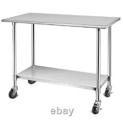 48×24 Stainless Steel Work Table Commercial-Grade Top withLockable Wheels Silver