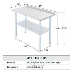 48x24 Stainless Steel Kitchen Table with Shelf Backsplash Commercial Prep Table