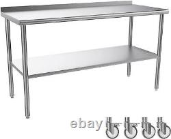 60'' x 24'' Stainless Steel Prep Table Commercial Work Table with Wheels Silver