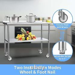 60'' x 24'' Stainless Steel Prep Table Commercial Work Table with Wheels Silver