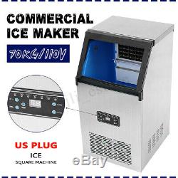 70KG 110V Commercial Ice Cube Maker Stainless Steel Machine Freezer Frozen Drink