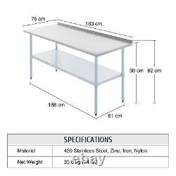72x30 Stainless Steel Worktable Commercial Kitchen Table with Shelf Backsplash