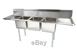 91 3-Compartment Stainless Steel Commercial Pot and Pan Sink with 2 Drainboards