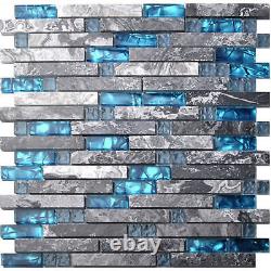 Box of 10 Marble Glass Tile Gray Marble Art Mosaic Blue Accent Backsplash Tiles