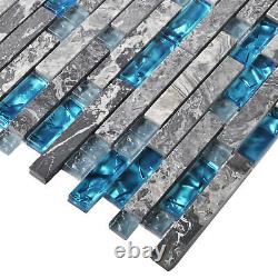 Box of 10 Marble Glass Tile Gray Marble Art Mosaic Blue Accent Backsplash Tiles