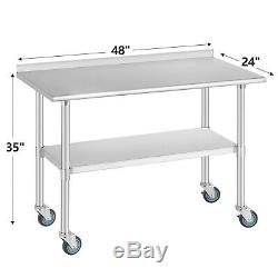 Commercial 24x48 Stainless Steel Kitchen Prep Work Table with4 Caster Backsplash