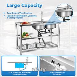 Commercial 2 Compartment Sink Kitchen Prep Table Stainless Steel With Faucet