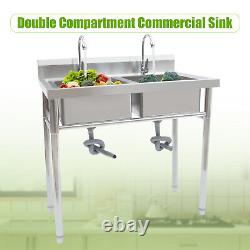 Commercial 2 Compartment Stainless Steel Kitchen Sink Dual Drainboard with Faucet