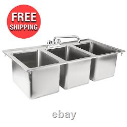 Commercial 37 Three Compartment Bowl Faucet Stainless Steel NSF Drop-In 3 Sink