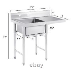 Commercial Kitchen Sink Stainless Steel Dishwashing Sink with Backsplash Strainer