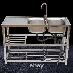 Commercial Sink 2 Bowl Kitchen Catering Prep Table+2 Compartment Stainless Steel