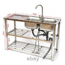 Commercial Sink 2 Bowl Kitchen Catering Prep Table+2 Compartment Stainless Steel