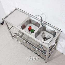 Commercial Sink Stainless Steel 2 Compartment Kitchen Wash Catering Prep Table