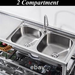 Commercial Sink Stainless Steel Kitchen Utility Prep Sink 2 Compartment + Shelf