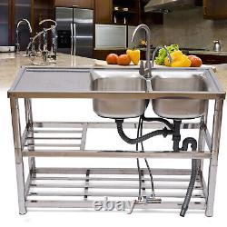 Commercial Sink Stainless Steel Restaurant Prep Sink+ 2 Drainboard 2 Compartment