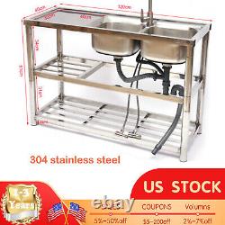 Commercial Stainless Steel 2 Compartment Sink Kitchen Utility Sink Prep Table