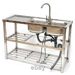 Commercial Stainless Steel Catering Sink 2 Bowl With Faucet Heavy Duty Kitchen