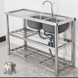 Commercial Stainless Steel Kitchen Sink 1/2/3 Compartments with Cold&Hot Faucet