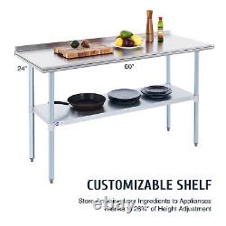 Commercial Stainless Steel Kitchen Table w Adjustable Shelf Backsplash 60x24 in