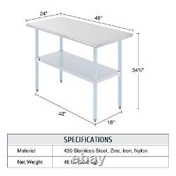 Commercial Stainless Steel Kitchen Table w Adjustable Shelf Bullet Feet 48x24 in