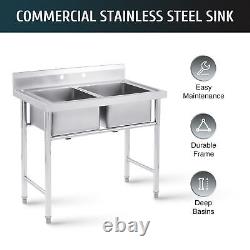 Commercial Stainless Steel Kitchen Utility Sink w Backsplash 2 Compartments