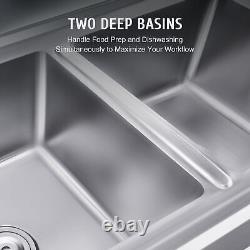 Commercial Stainless Steel Kitchen Utility Sink w Backsplash 2 Compartments US