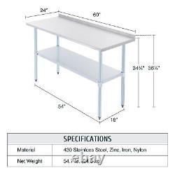 Commercial Stainless Steel Prep Table w Backsplash Adjustable Shelf Feet 60x24