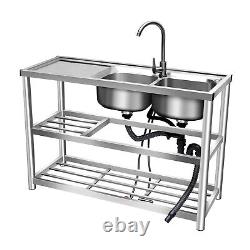 Commercial Stainless Steel Sink 2 Bowl Kitchen Catering Prep Table 2 Compartment