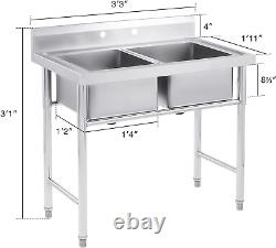 Commercial Stainless Steel Sink, Free Standing Utility Double Bowl Restaurant Si