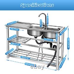 Commercial Stainless Steel Sink Kitchen Utility Sink 2 Compartment & Prep Table